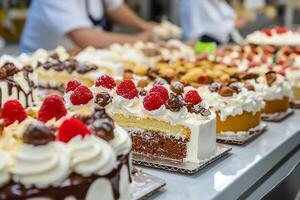 A line of cakes on a table photo
