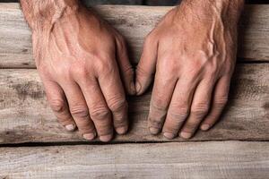 Hands of a man working on a wooden bench photo