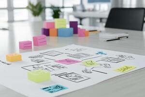 A white table with a whiteboard and a bunch of sticky notes photo