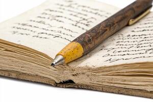 A pen is resting on an open book with a handwritten note photo