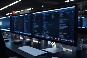 Three computer monitors with code on them photo