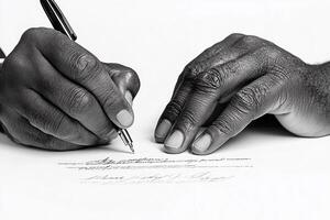 Two hands signing a document with a pen photo