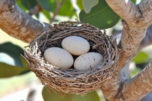 A bird's nest with three eggs in it photo