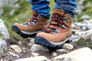A person wearing hiking boots on a rocky trail photo