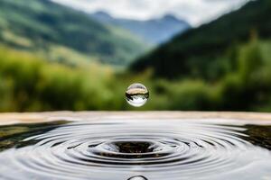 Water drop on a wooden table with mountains in the background photo