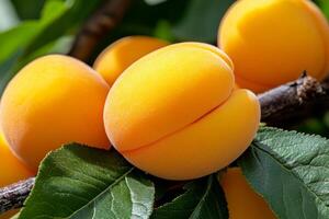 A bunch of ripe apricots on a tree branch photo