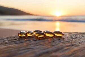 Fish oil capsules on a wooden table with the sun setting in the background photo