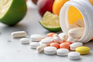 Pills and vitamins spilling out of a bottle photo