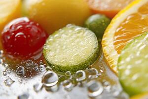 A close up of a fruit salad with water and bubbles photo