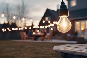 A light bulb is hanging from a string of lights photo