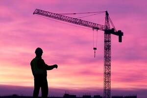 Silhouette of a man standing in front of a construction crane photo