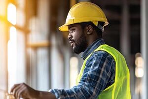 A man in a hard hat and vest is standing in front of a building photo