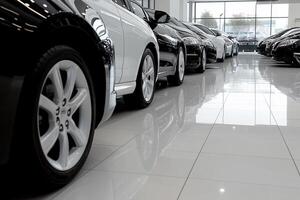 A row of cars in a showroom with white tile floor photo