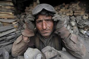 A man wearing a helmet sits in front of a pile of rubble photo
