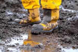 A person wearing yellow rubber boots standing in a muddy field photo