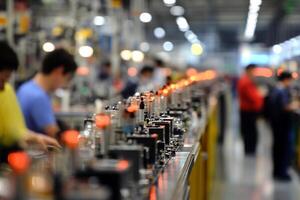 A factory with people working on the assembly line photo