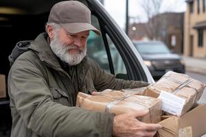 A man with a beard and hat is loading packages into a van photo