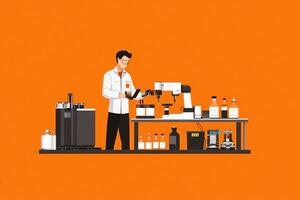 A man in a lab coat is working on a computer photo