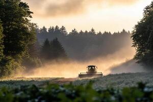 A tractor is driving through a field with mist photo