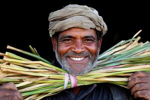 A man is smiling while holding a bundle of grass photo