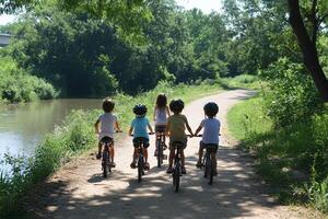 A group of children riding bikes on a path photo