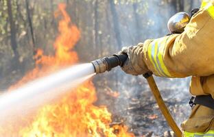 A firefighter is using a hose to put out a fire photo
