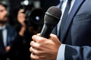 A man in a suit holding a microphone photo