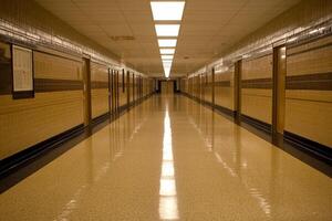 A long hallway with a light shining on it photo