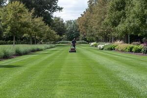 A man is mowing the grass in a large field photo