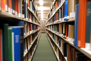 A long row of books on a shelf in a library photo