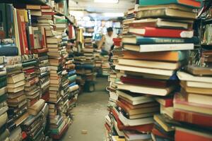 A person is standing in the middle of a store filled with books photo