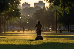 A man mowing the grass in a park at sunset photo