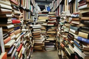 A large pile of books in a library photo