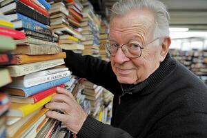 An older man with glasses standing in front of a stack of books photo