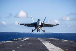A fighter jet taking off from an aircraft carrier photo