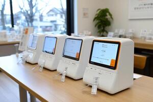 A row of white and orange machines on a table photo