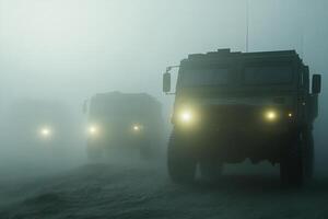 Three military vehicles are driving through the fog photo