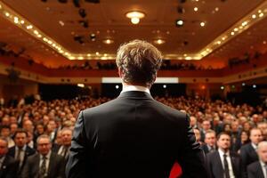 A man in a suit is standing in front of a large crowd photo