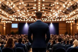 A man in a suit stands in front of a large crowd photo
