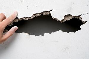 A person's hand is touching a hole in a wall photo