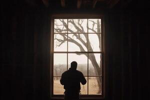 A man standing in front of a window looking out at a tree photo
