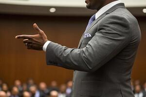 A man in a suit is giving a speech in front of a crowd photo