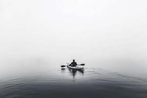 A person in a kayak on a foggy lake photo