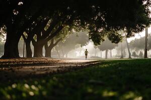 A person running in the park at sunrise photo