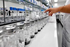 A man in a lab coat is standing in front of a row of bottles photo