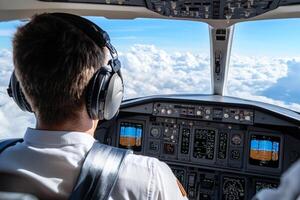 A man in a cockpit with headphones on photo