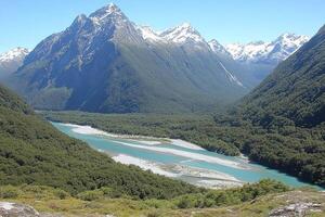 A view of the mountains and river from a high point photo