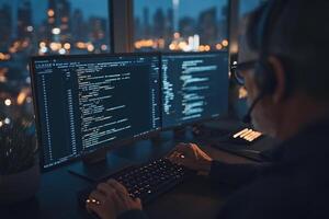 A man is working on two computer screens at night photo