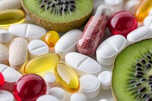 Various pills and vitamins are arranged in a pile photo