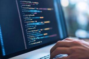 A person is typing on a computer screen with code on it photo